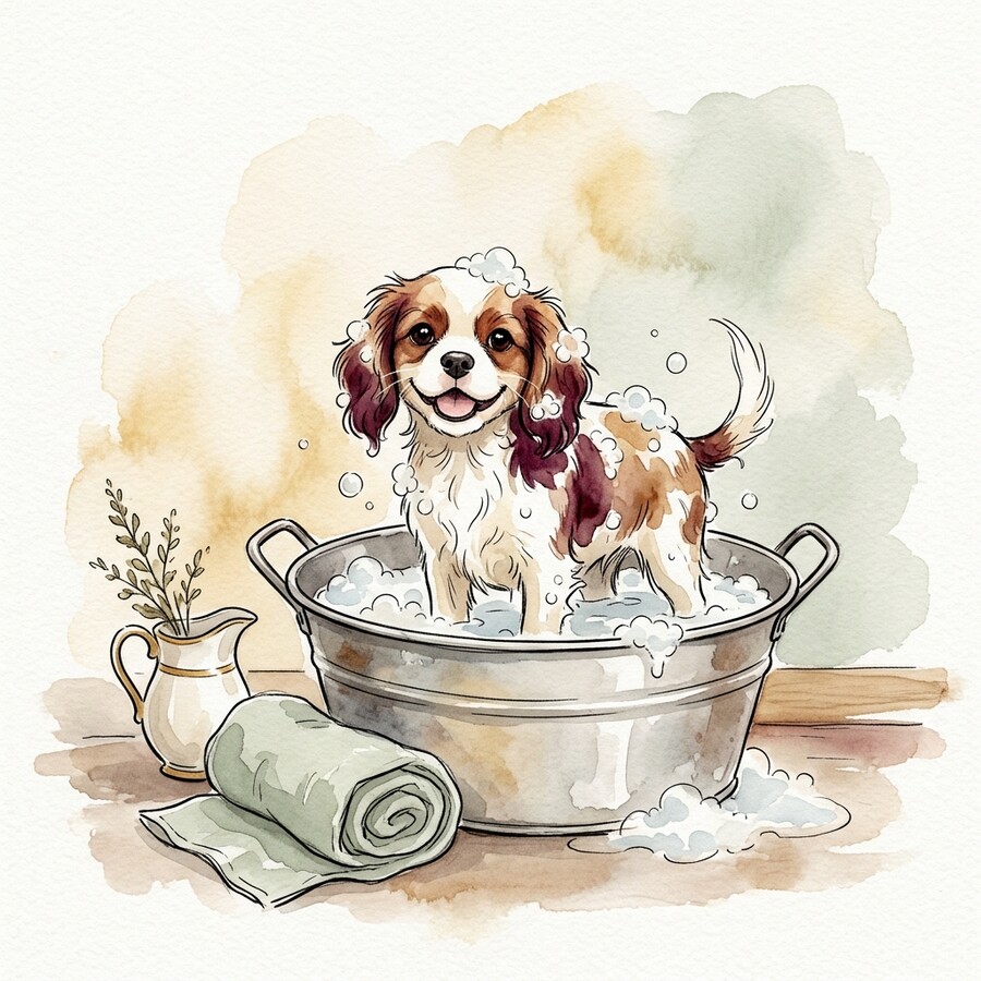 Illustration of a Cavalier puppy enjoying a bubble bath