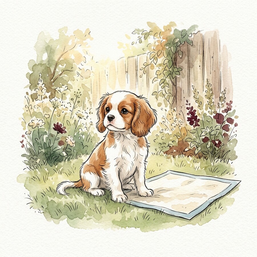 Illustration of a Cavalier puppy beside a training pad in a garden, a gentle potty-training moment